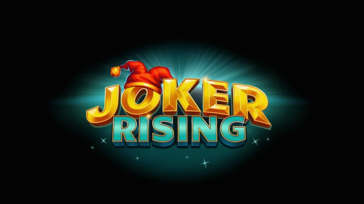 Tampilan layar permainan slot Joker Rising dengan simbol buah neon dan latar belakang teal yang modern