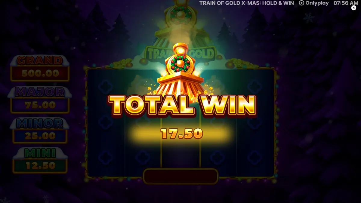Tampilan antarmuka seluler slot Train of Gold X-Mas dengan tema kereta emas dan dekorasi Natal.
