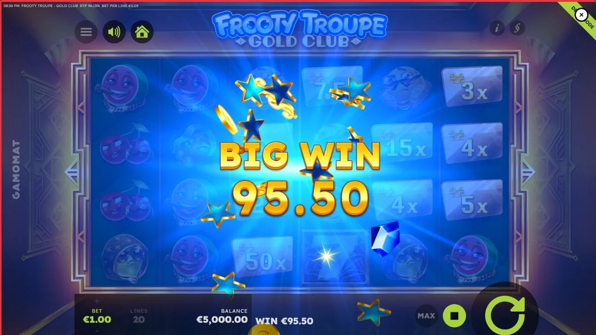 Tampilan visual slot Frooty Troupe – Gold Club dengan nuansa emas dan simbol buah mewah