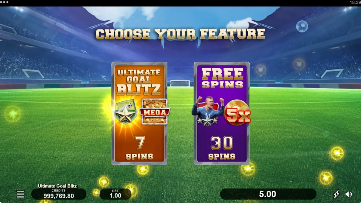 Tampilan visual slot Ultimate Goal Blitz dengan tema stadion sepak bola